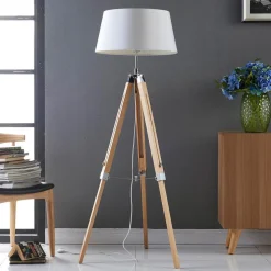 Lindby gulvlampe Katie, 162 cm, hvid, tekstil, træ, stativ