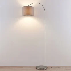 Lindby gulvlampe Keriba, nikkel/taupe, stof, 150 cm, E27