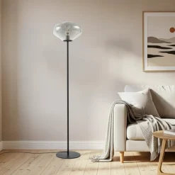 Lindby Gulvlampe Lelia, røggrå, glas, metal, 150 cm