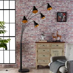 Lindby gulvlampe Lira, 5 lyskilder, højde 205 cm, sort, guld