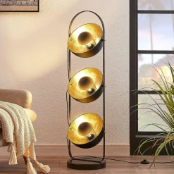 Lindby gulvlampe Muriel, 3 lyskilder, sort/guld, metal