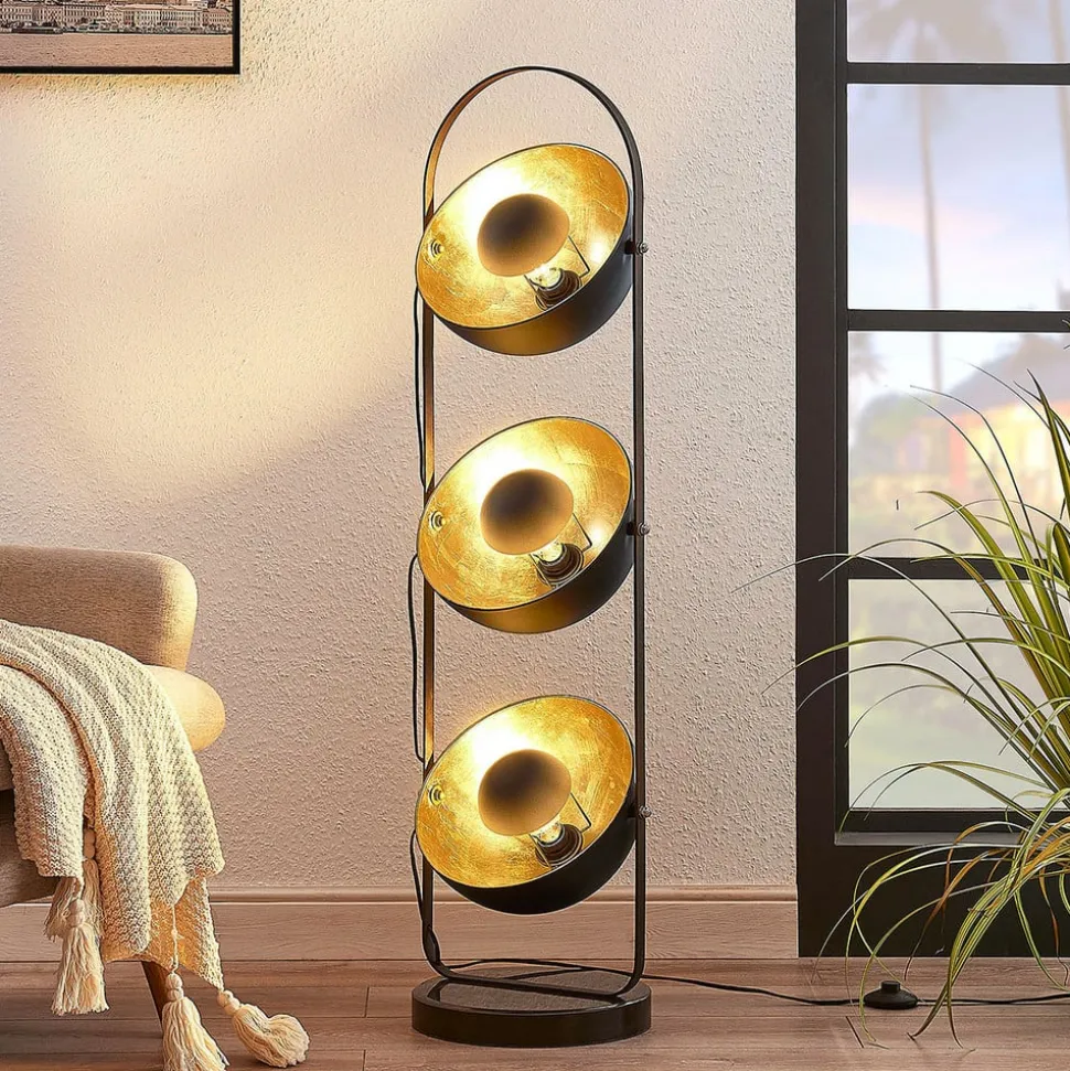Lindby gulvlampe Muriel, 3 lyskilder, sort/guld, metal