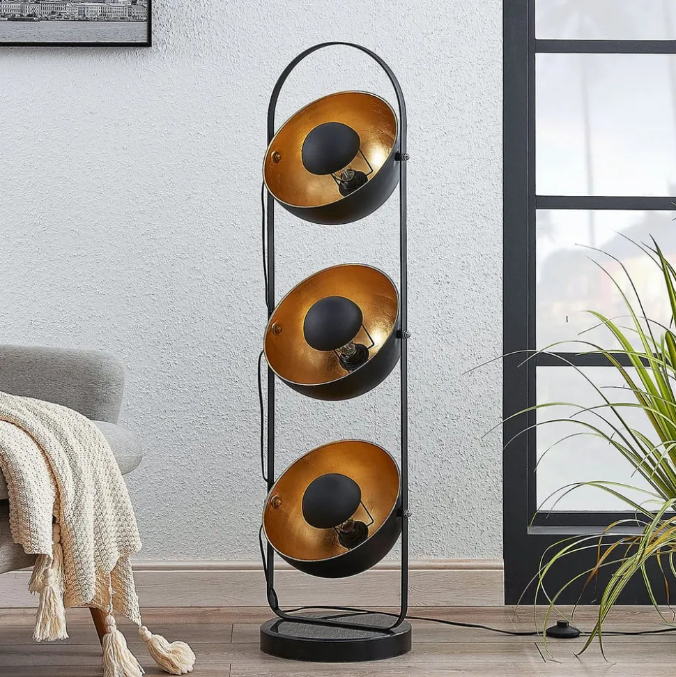 Lindby gulvlampe Muriel, 3 lyskilder, sort/guld, metal