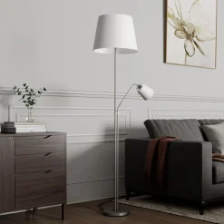 Lindby gulvlampe Nantwin, 175 cm, hvid, nikkel, tekstil