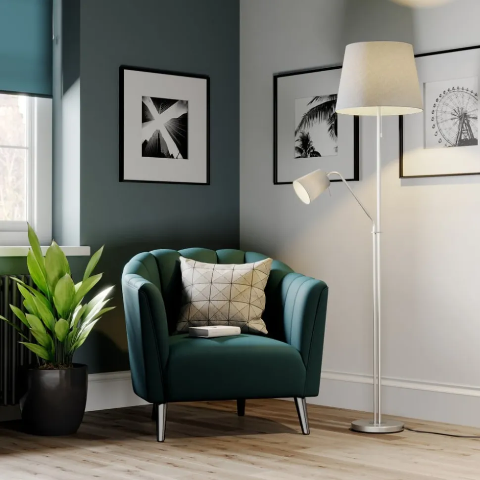 Lindby gulvlampe Nantwin, 175 cm, grå, nikkel, tekstil