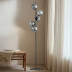 Lindby gulvlampe Orbelia, sort, 5 lyskilder, glas