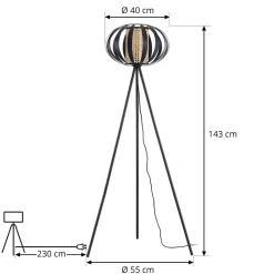 Lindby gulvlampe Tamira, sort, rattan, 143 cm høj, E27