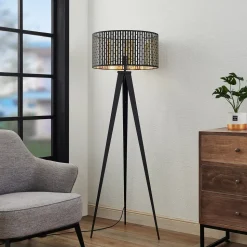 Lindby gulvlampe Thoralf, trefod, sort, tekstil, Ø50cm