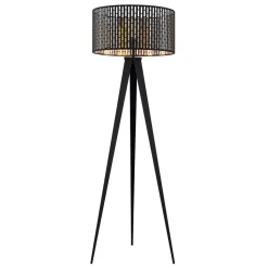 Lindby gulvlampe Thoralf, trefod, sort, tekstil, Ø50cm