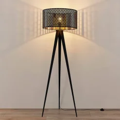 Lindby gulvlampe Thoralf, trefod, sort, tekstil, Ø50cm