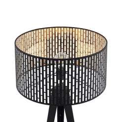 Lindby gulvlampe Thoralf, trefod, sort, tekstil, Ø50cm