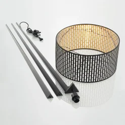 Lindby gulvlampe Thoralf, trefod, sort, tekstil, Ø50cm