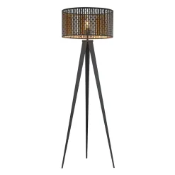 Lindby gulvlampe Thoralf, trefod, sort, tekstil, Ø50cm