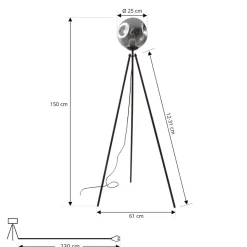 Lindby gulvlampe Valentina, E27, røggrå, glas, 150 cm