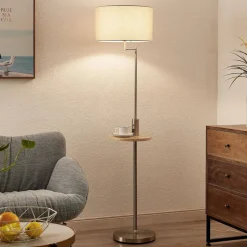 Lindby gulvlampe Zinia, nikkelfarvet, hylde, USB-tilslutning