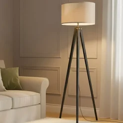 Lindby Herry gulvlampe, sort, træ, trefod, 153 cm