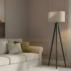 Lindby Herry gulvlampe, sort, træ, trefod, 153 cm