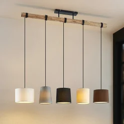 Lindby hængelampe Amilia, stof, 5 lyskilder, grå/beige, E27