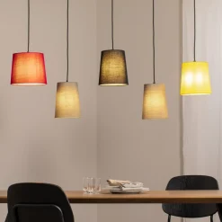 Lindby hængelampe Amilia, stof, 5 lyskilder, rød/grå/gul, E27