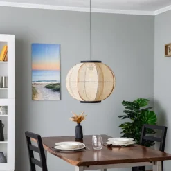 Lindby hængelampe Aurinil, træfarvet, hør, Ø 48cm, E27