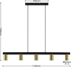 Lindby hængelampe Baliko, sort/messing, 5 lyskilder, GU10