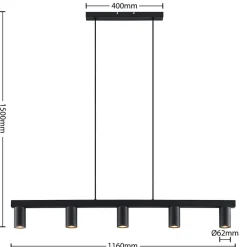 Lindby hængelampe Baliko, sort, 116 cm, 5 lyskilder, GU10