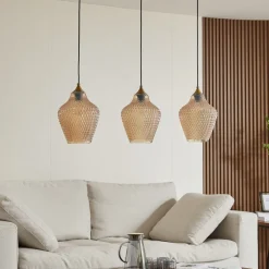 Lindby hængelampe Drakar, Ø 22 cm, 3 lyskilder, rav, glas