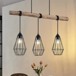 Lindby hængelampe Eldarion, 90 cm, 3 lyskilder, træ, E27