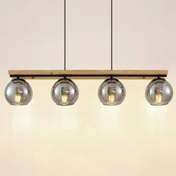 Lindby hængelampe Enrique, smoke, 4 lyskilder, glas, træ, E27