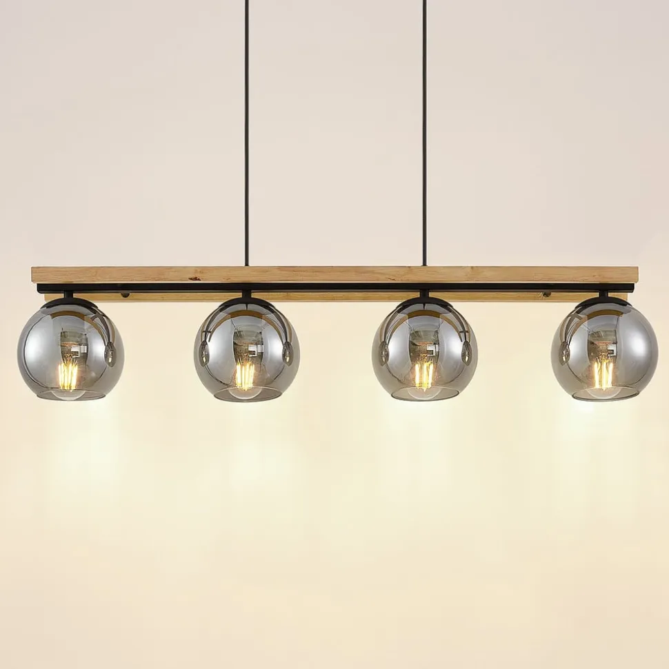 Lindby hængelampe Enrique, smoke, 4 lyskilder, glas, træ, E27