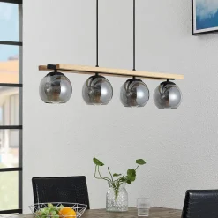 Lindby hængelampe Enrique, smoke, 4 lyskilder, glas, træ, E27