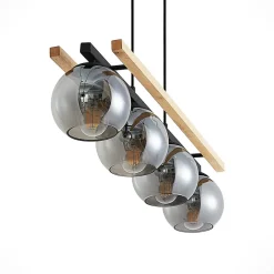 Lindby hængelampe Enrique, smoke, 4 lyskilder, glas, træ, E27