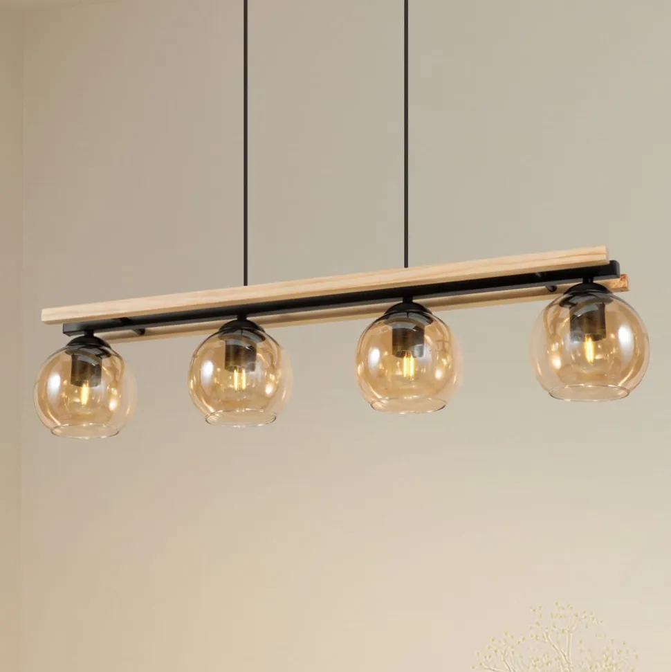 Lindby hængelampe Enrique, amber, 4 lyskilder, glas, træ, E27