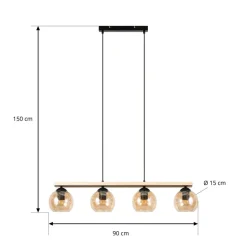 Lindby hængelampe Enrique, amber, 4 lyskilder, glas, træ, E27
