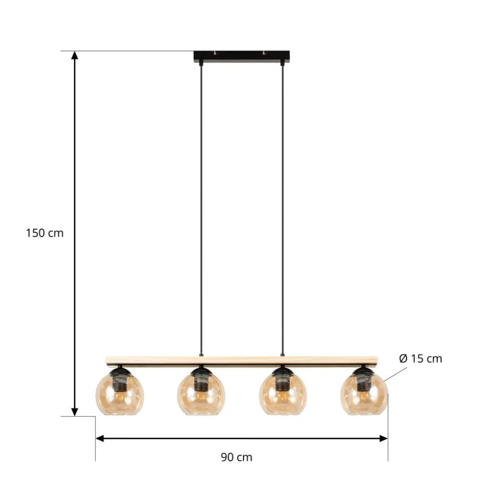 Lindby hængelampe Enrique, amber, 4 lyskilder, glas, træ, E27