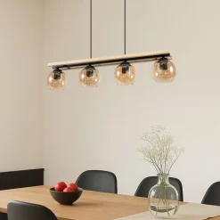 Lindby hængelampe Enrique, amber, 4 lyskilder, glas, træ, E27