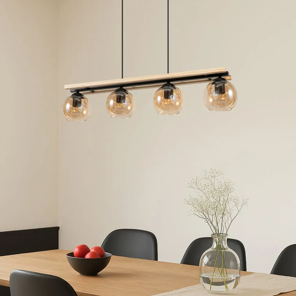 Lindby hængelampe Enrique, amber, 4 lyskilder, glas, træ, E27