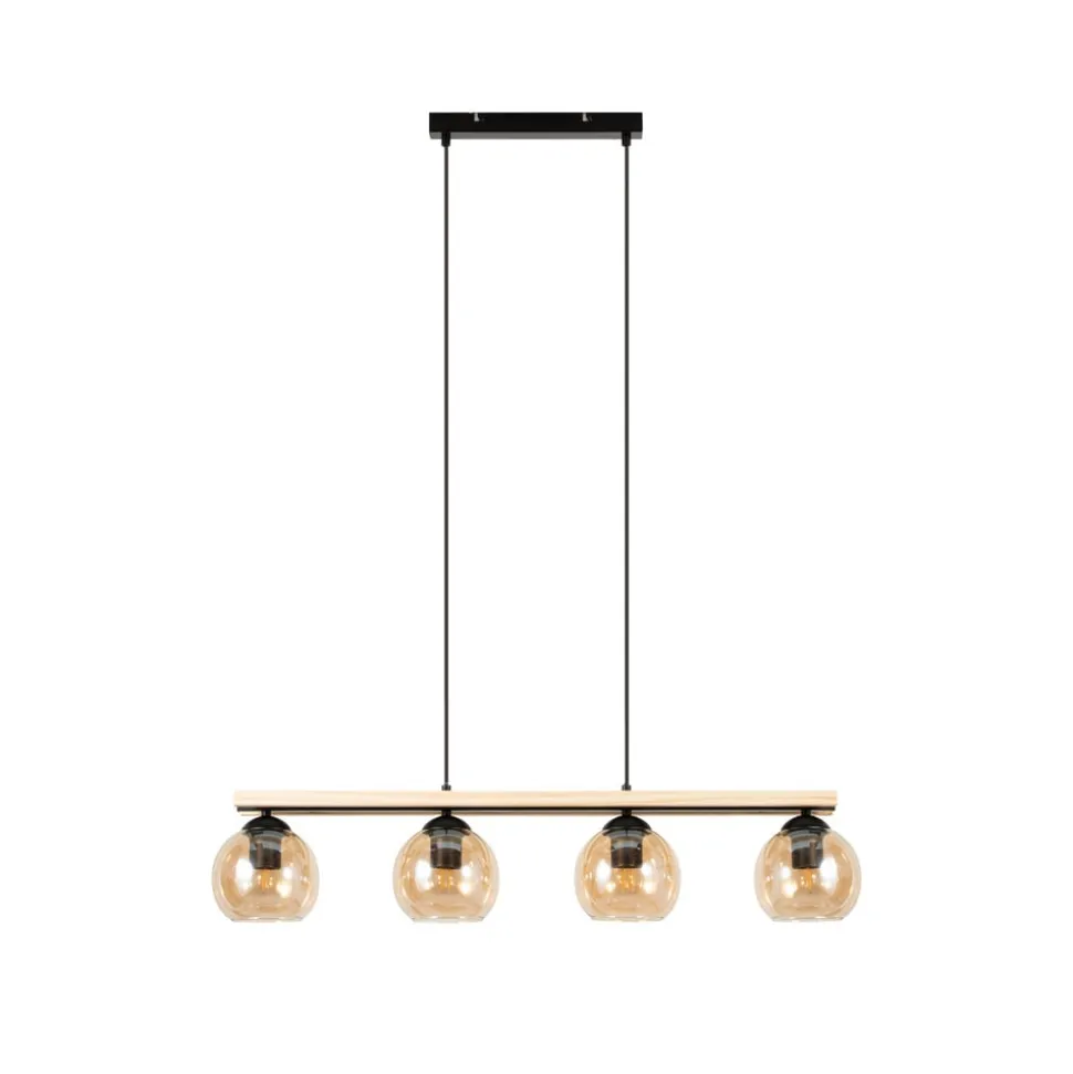 Lindby hængelampe Enrique, amber, 4 lyskilder, glas, træ, E27