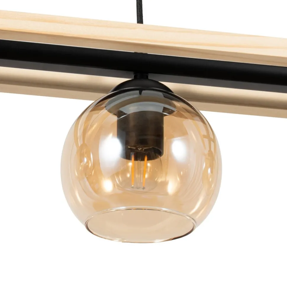 Lindby hængelampe Enrique, amber, 4 lyskilder, glas, træ, E27