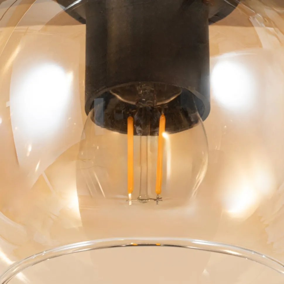 Lindby hængelampe Enrique, amber, 4 lyskilder, glas, træ, E27