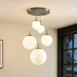 Lindby hængelampe Heleska, hvid, glas, 5 lyskilder, Ø 50 cm