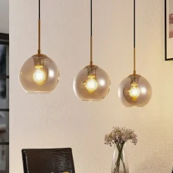 Lindby hængelampe Hiwana, røggrå, glas, 3 lyskilder