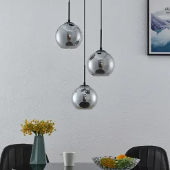 Lindby hængelampe Jurian, 32 cm, 3 lyskilder, sort/røget, glas