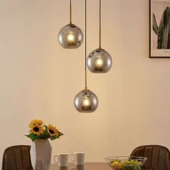 Lindby hængelampe Jurian, 32 cm, 3 lyskilder, bronze, røg, glas