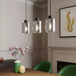 Lindby hængelampe Kourtney, 3 lyskilder, sort/grå, glas, E27