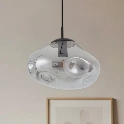 Lindby hængelampe Lelia, røggrå, glas, Ø 35 cm