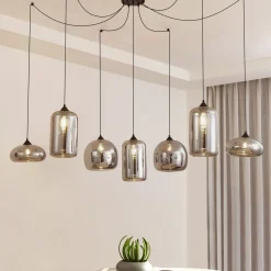 Lindby hængelampe Marla, 7 lyskilder, glas, røgfarvet grå, 128 cm