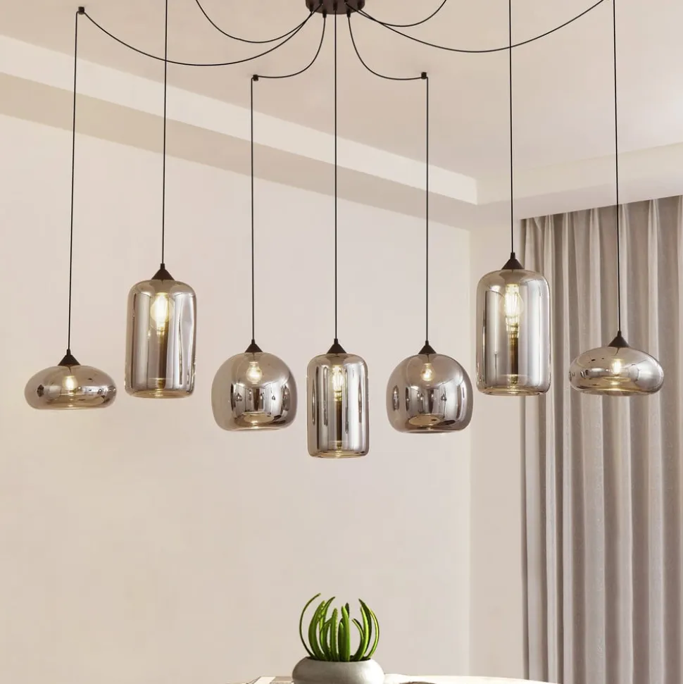 Lindby hængelampe Marla, 7 lyskilder, glas, røgfarvet grå, 128 cm