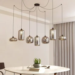 Lindby hængelampe Marla, 7 lyskilder, glas, røgfarvet grå, 128 cm