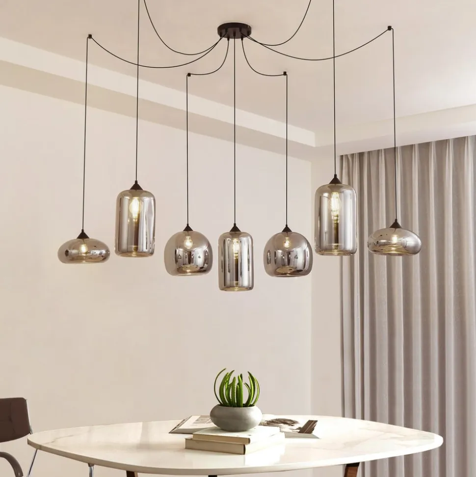 Lindby hængelampe Marla, 7 lyskilder, glas, røgfarvet grå, 128 cm